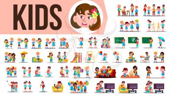 Kids Children Set Vector. Baby Lifestyle Situations. Spending Time Together At Home, Outdoor. Isolated Cartoon Illustration