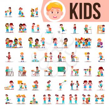 Kids Children Set Vector. Funny Family Members Spending Time Together At Home, Outdoor. Lifestyle Situations. School, Kindergarten. Cartoon Illustration
