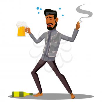 Adult Drunk Man With Glass Of Beer And Cigar Vector. Illustration