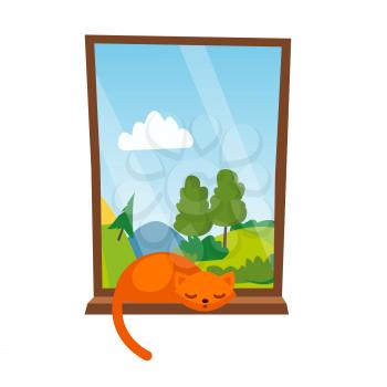 Cat Sleepping On The Window Vector. Illustration