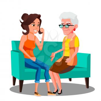 Adult Woman Talking To Her Mature Mother On The Couch Vector. Illustration