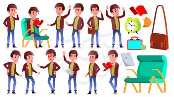 Boy Schoolboy Kid Poses Set Vector. High School Child. Teenage. Book, Workspace, Board. For Web, Brochure, Poster Design. Isolated Cartoon Illustration
