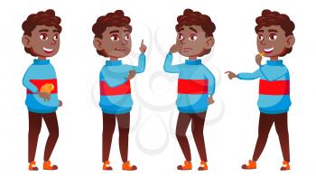 Boy Schoolboy Kid Poses Set Vector. Black. Afro American. High School Child. Caucasian, Kids, Positive. For Postcard, Cover, Placard Design. Isolated Cartoon Illustration
