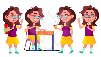 Girl Schoolgirl Kid Poses Set Vector. High School Child. Schoolchild. Funny, Friendship, Happiness Enjoyment. For Web, Poster, Booklet Design. Isolated Cartoon Illustration