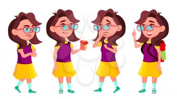 Girl Schoolgirl Kid Poses Set Vector. High School Child. Teenage. Beauty, Lifestyle, Friendly. For Postcard, Announcement, Cover Design. Isolated Cartoon Illustration