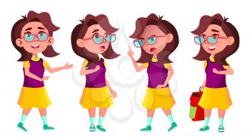 Girl Schoolgirl Kid Poses Set Vector. High School Child. Children Study. Smile, Activity, Beautiful. For Web, Brochure, Poster Design. Isolated Cartoon Illustration