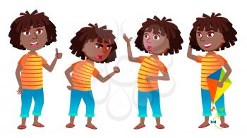 Girl Schoolgirl Kid Poses Set Vector. Black. Afro American. High School Child. Child Pupil. Active, Joy, Leisure. For Advertisement, Greeting, Announcement Design Isolated Cartoon Illustration