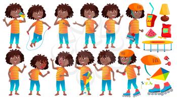 Girl Schoolgirl Kid Poses Set Vector. Black. Afro American. High School Child. School Student. Expression, Happy Childhood, Positive Person. For Banner, Flyer, Brochure Design Illustration