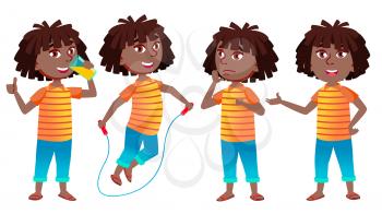 Girl Schoolgirl Kid Poses Set Vector. Black. Afro American. High School Child. Young People, Face, Cheerful. For Postcard, Cover, Placard Design. Isolated Cartoon Illustration