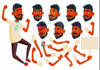 Teen Boy Vector. Indian, Hindu. Asian. Teenager. Beauty, Lifestyle. Face Emotions, Various Gestures Animation Creation Set Isolated Flat Cartoon Illustration