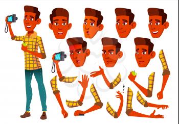 Teen Boy Vector. Teenager. Indian, Hindu. Asian. Friendly, Cheer. Face Emotions, Various Gestures Animation Creation Set Isolated Flat Cartoon Illustration