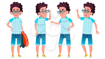 Boy Schoolboy Kid Poses Set Vector. High School Child. School Student. Expression, Happy Childhood, Positive Person. For Banner, Flyer, Brochure Design. Isolated Illustration