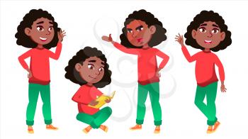 Girl Schoolgirl Kid Poses Set Vector. Black. Afro American. High School Child. Teenage. Book, Workspace, Board. For Web, Brochure Poster Design Isolated Illustration