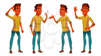Teen Boy Poses Set Vector. Indian, Hindu. Asian. Face. Children. For Web, Brochure Poster Design Isolated Cartoon Illustration
