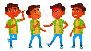 Boy Schoolboy Kid Poses Set Vector. Indian, Hindu. Asian. Primary School Child. Elementary. Auditorium. Room, Book. For Web Poster Booklet Design Isolated Cartoon Illustration