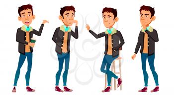 Asian Teen Boy Poses Set Vector. Fun, Cheerful. For Web, Poster, Booklet Design. Isolated Cartoon Illustration