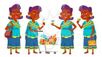Indian Old Woman Shopping Vector. Elderly People. Hindu In Sari. Asian. Senior Person. Aged. Caucasian Retiree. Smile. Advertisement, Greeting Announcement Design Isolated Illustration