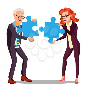Partnership Vector. Businessman Man, Woman Holding In Hands Two Large Puzzles And Put Together. Illustration