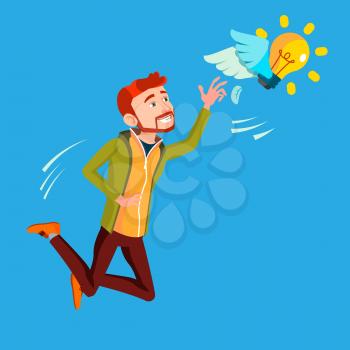Businessman Jumps And Tries To Catch Idea Vector, Yellow Light Bulb Flying. Illustration