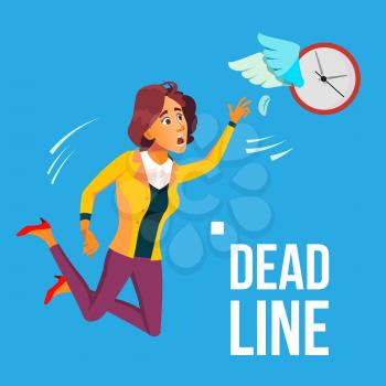 Deadline Vector. Business Woman Catching By Hands Flying Clock. Illustration