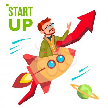 Startup Vector. Rocket Soars Up On Red Arrow Growthing Up. Businessman Enjoying Good Start. Illustration
