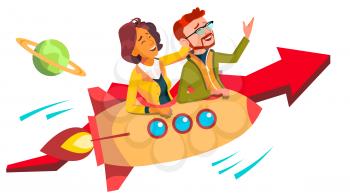 Teamwork And Leader Vector. Team Of Female Male Businessmen Riding Rocket And Flying Up Together. Illustration