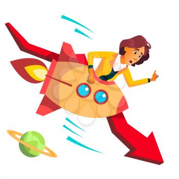 Business Woman Riding Rocket Falls Down On Background Of Falling Red Arrow Vector. Illustration