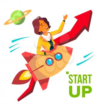 Startup Vector. Rocket Soars Up On Red Arrow Growthing Up. Business Woman Enjoying Good Start. Illustration