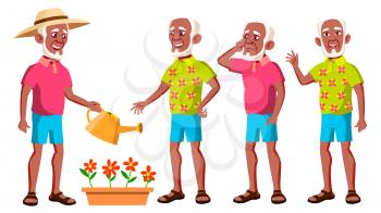 Old Man Poses Set Vector. Black. Afro American. Elderly People. Senior Person. Aged. Active Grandparent. Joy. Web, Brochure Poster Design Isolated Cartoon Illustration