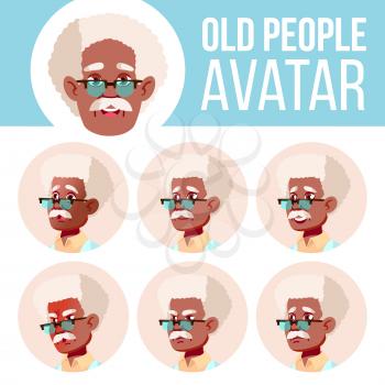 Old Man Avatar Set Vector. Black. Afro American. Scientist, Doctor. Face Emotions. Senior Person Portrait. Elderly People. Aged. Head Icon Happiness Enjoyment Head Illustration
