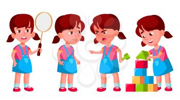 Girl Kindergarten Kid Poses Set Vector. Preschool. Young Person. Cheerful. For Web, Brochure, Poster Design. Isolated Cartoon Illustration