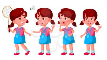 Girl Kindergarten Kid Poses Set Vector. Preschooler Playing. Friendship. For Web, Poster, Booklet Design. Isolated Cartoon Illustration
