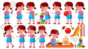 Girl Kindergarten Kid Poses Set Vector. Playful Positive Small Baby. For Presentation, Print, Invitation Design. Isolated Cartoon Illustration