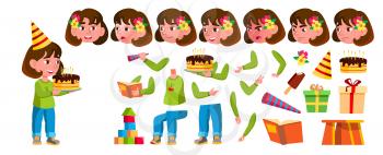 Girl Kindergarten Kid Vector. Animation Creation Set. Face Emotions, Gestures. Preschool, Childhood. Smile. Toys. For Advertisement Greeting Announcement Design Animated Isolated Illustration