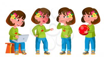 Girl Kindergarten Kid Poses Set Vector. Little Child. Funny Toy. Lifestyle. For Advertising, Placard, Print Design. Isolated Cartoon Illustration