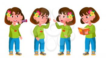 Girl Kindergarten Kid Poses Set Vector. Preschool, Childhood. Friend. For Postcard, Cover, Placard Design. Isolated Cartoon Illustration