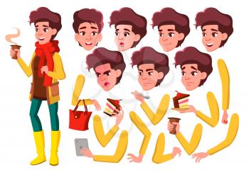 Teen Girl Vector. Teenager. Active, Expression. Face Emotions, Various Gestures. Animation Creation Set. Isolated Cartoon Character Illustration