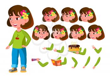 Girl, Child, Kid, Teen Vector. Happy Childhood. Abc. Face Emotions, Various Gestures. Animation Creation Set Isolated Flat Cartoon Character Illustration