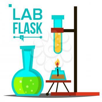 Laboratory Flask Vector. Chemical Laboratory Equipment. Glass Flask With Spirit Lamp. Science Symbol. Glassware. Research Lab Icons. Illustration
