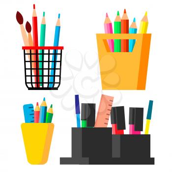 Pen Stand Set Vector. Brush, Pencil, Paint Brush Isolated Illustration