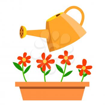 Watering Can And Flowers Vector. Cartoon Illustration