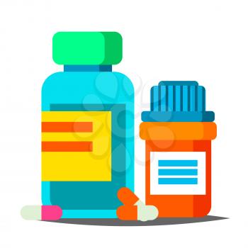 Pills Bottle Vector. Medical Capsules Container. Pharmacy, Drug Cartoon Illustration