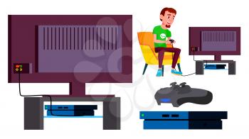 Video Game Console Vector. Teen Playing. Modern Plasma. Pad Controller. Addiction. Cartoon Illustration