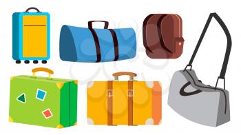 Travel Bag Set Vector. Classic, Retro, Modern, Vintage. Voyage, Summer Trip Icon Tourism Suitcase Cartoon Illustration