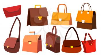 Leather Bag Set Vector. Woman Retro Vintage Fashion Accessories. Handbag Luxury. Cartoon Illustration
