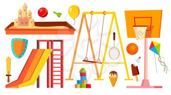 Playground Equipment Set Vector. Children, Kids Playing Area. Kindergarten Sandbox, Swings, Slide Cartoon Illustration