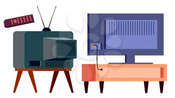 Retro Tv Vs Modern HD Plasma Vector. Backside. lcd panel And Vintage Old Analog Display Screen. Cartoon Illustration