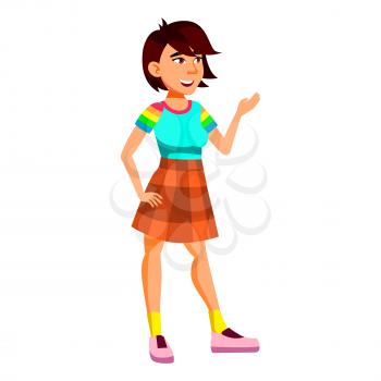 Asian Teen Girl Poses Vector. Leisure, Smile. For Web, Brochure, Poster Design. Isolated Cartoon Illustration
