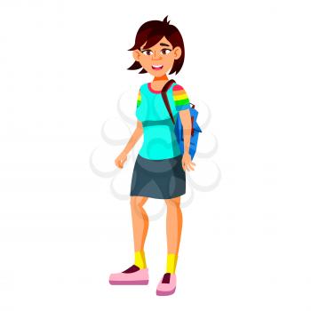 Asian Teen Girl Poses Vector. Leisure, Smile. For Web, Brochure, Poster Design. Isolated Cartoon Illustration
