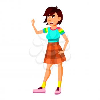 Asian Teen Girl Poses Vector. Leisure, Smile. For Web, Brochure, Poster Design. Isolated Cartoon Illustration
